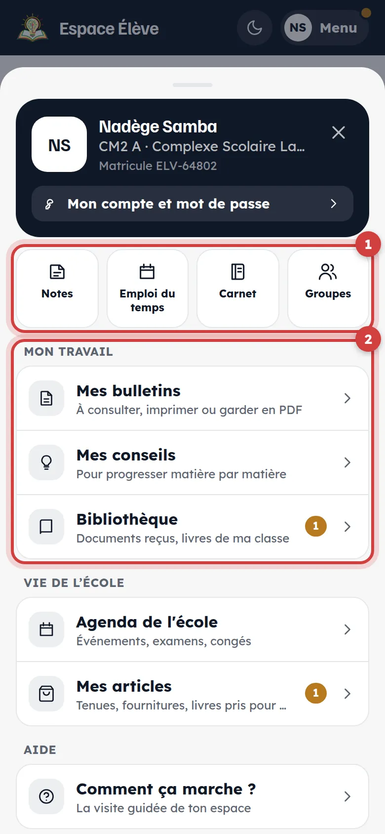 Menu de l’élève