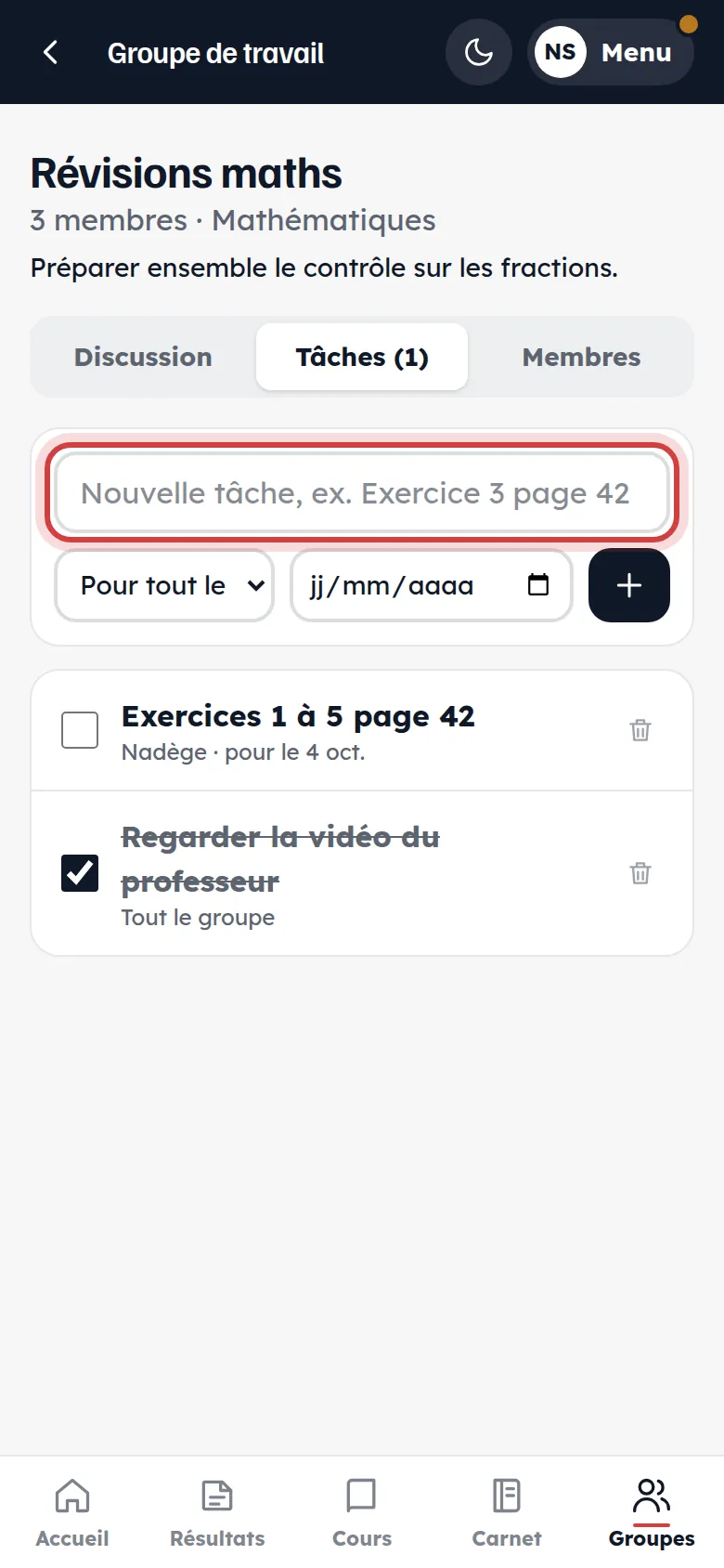 Tâches du groupe