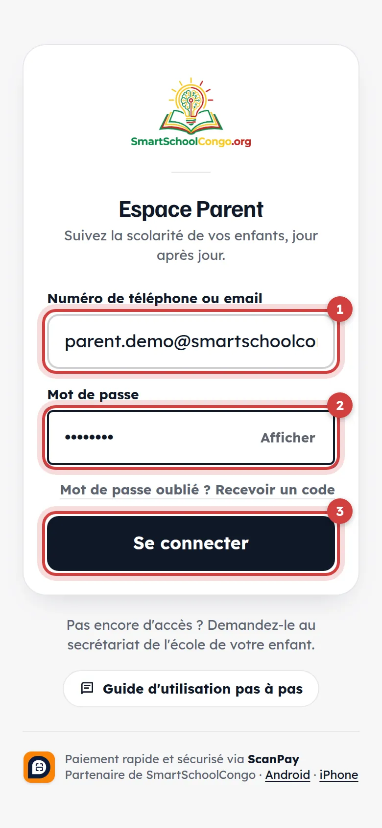 Page de connexion de l’Espace Parent