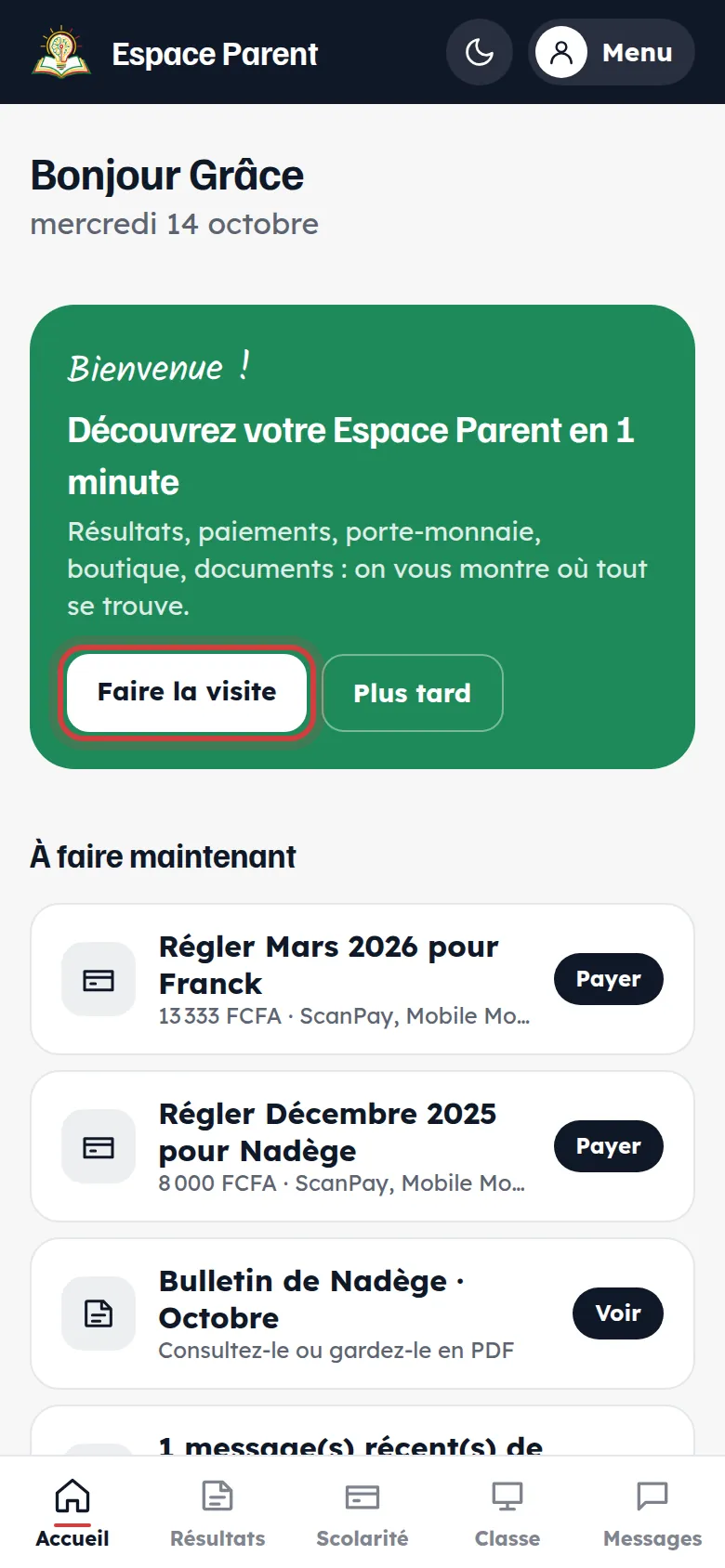 Accueil avec la carte de bienvenue