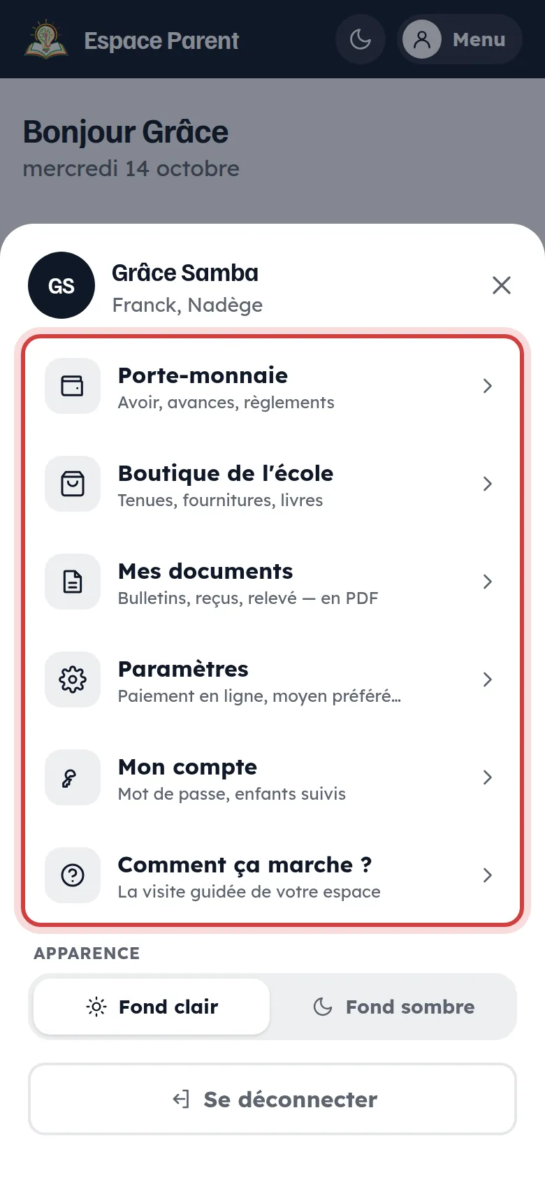 Menu de l’Espace Parent
