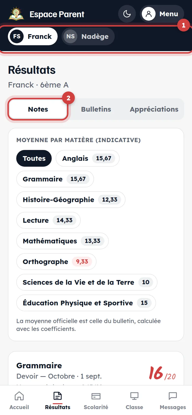 Résultats : notes et moyennes
