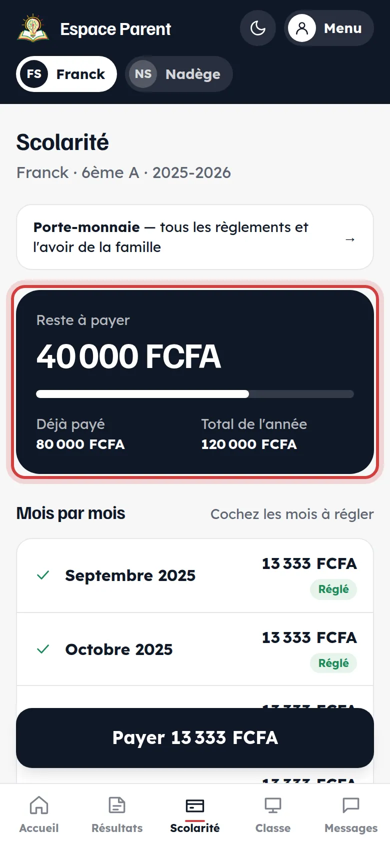 Scolarité : reste à payer