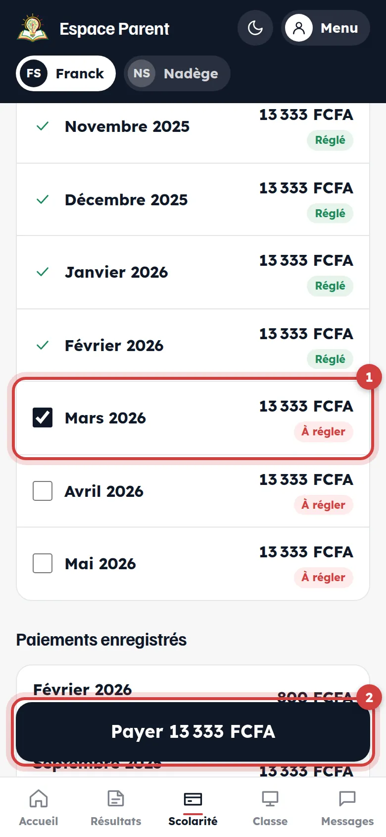 Mois à cocher