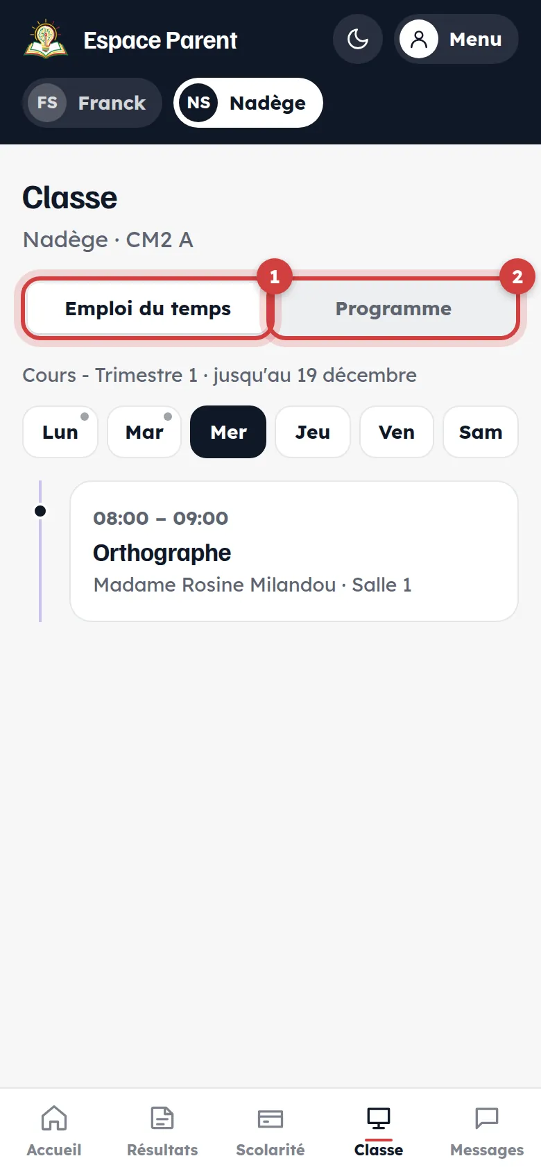 Classe : emploi du temps