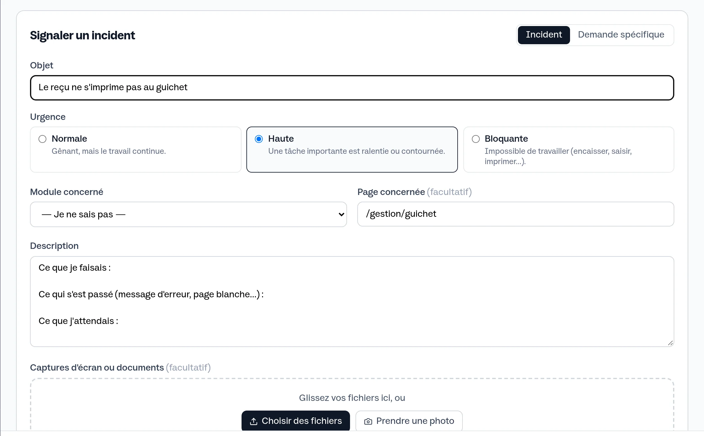 Formulaire de signalement d'un incident
