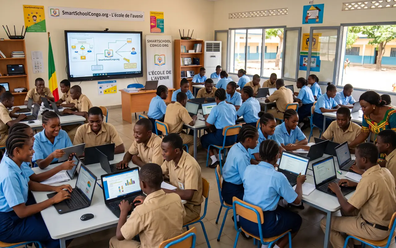 Élèves au travail sur ordinateur dans une école connectée