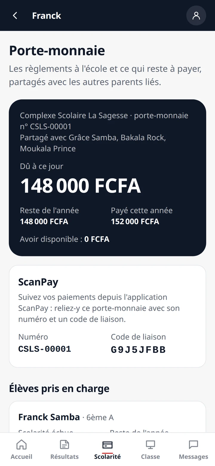 Espace Parent : numéro du porte-monnaie et code de liaison ScanPay