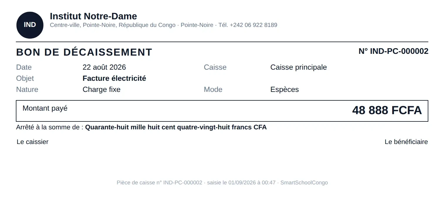 Bon de décaissement numéroté